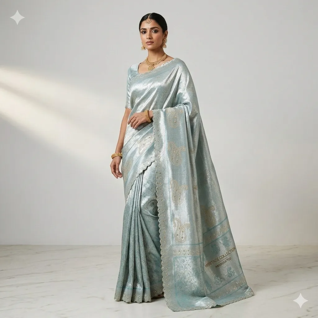 Mesmerizing Aqua Blue Textile with Gold Zari Paisley Motifs