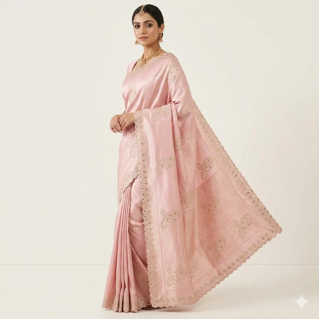 Dusty Rose Embroidered Textile with Shimmering Gold Zari and Paisley Motifs