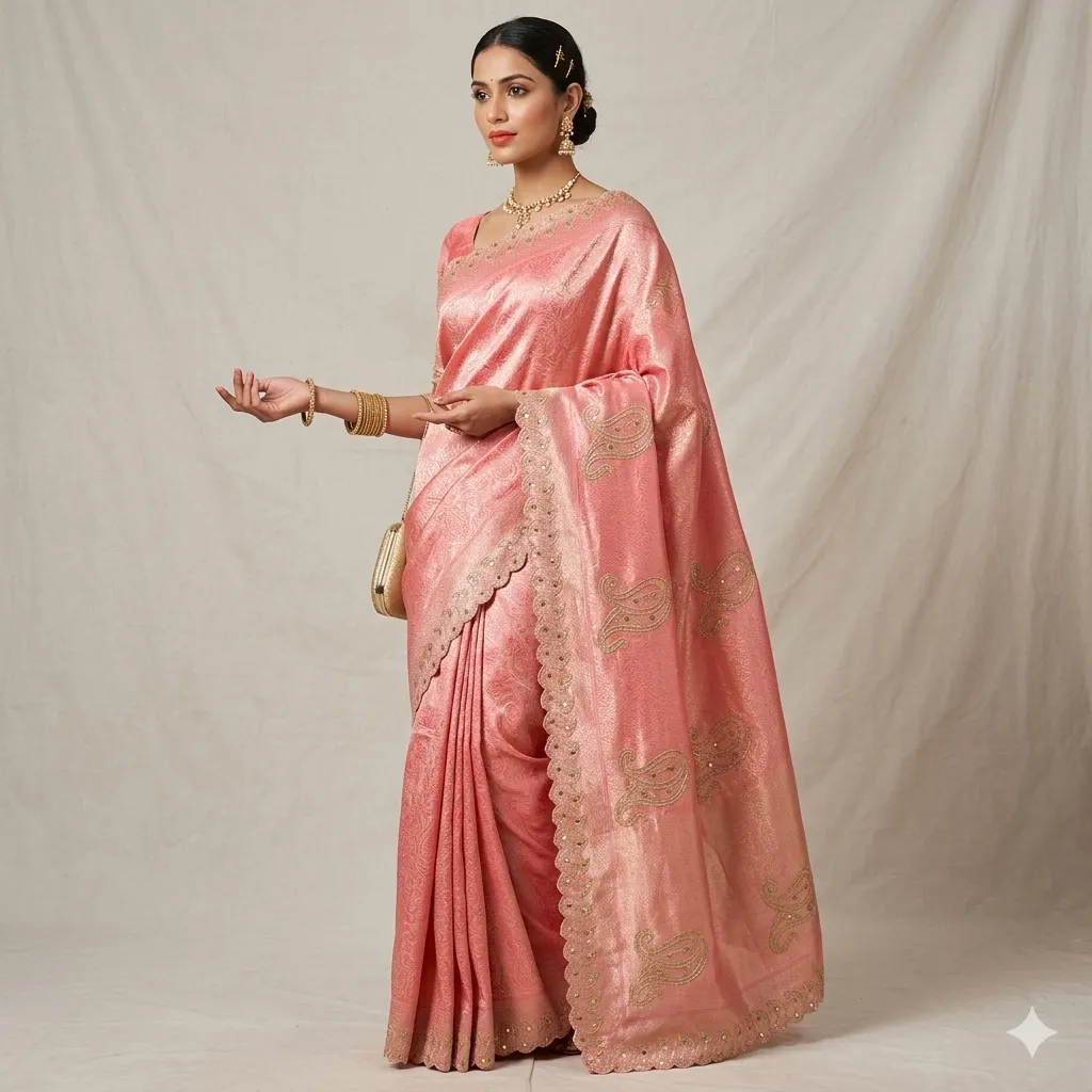 Delicate Vibrant Magenta Textile with Gold Zari Paisley Motifs