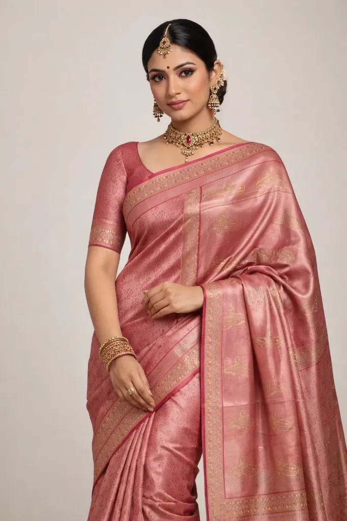 Charming Reddish-Pink Textile with Shimmering Gold Zari and Paisley Motifs