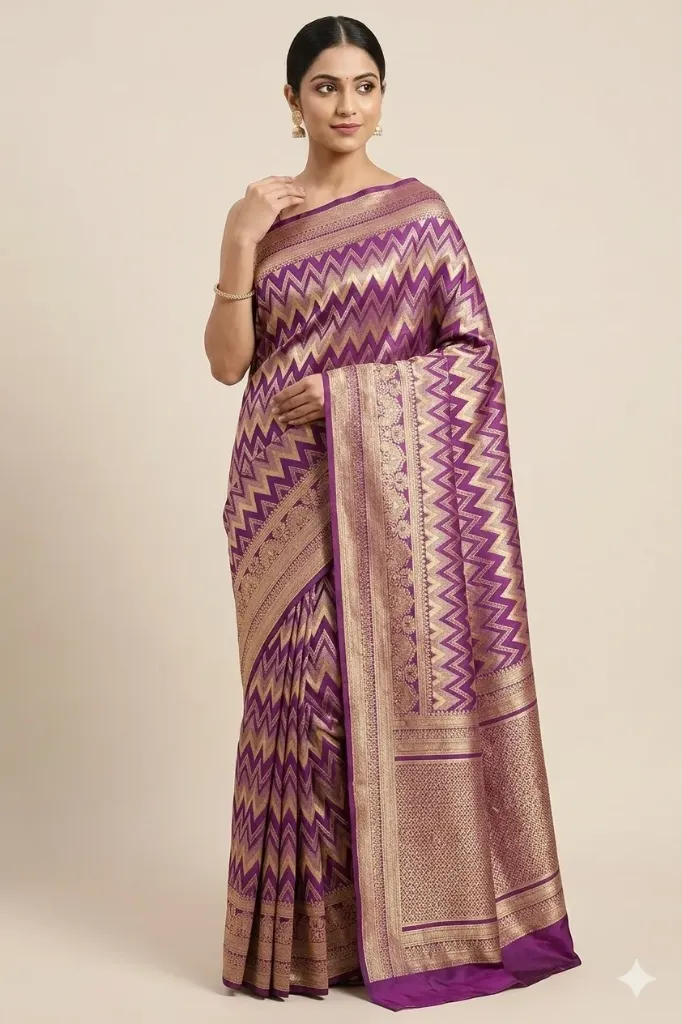 Striking Lavender Silk Saree with Elegant Gold Chevron Weave