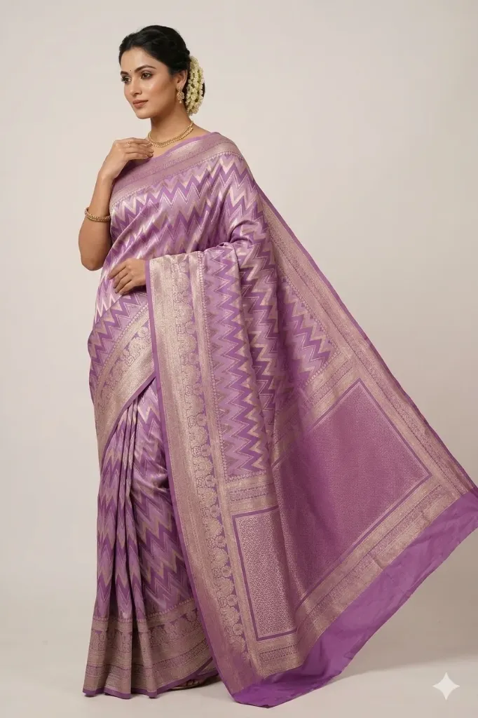 Regal Lavender Silk Saree with Contemporary Gold Chevron Design