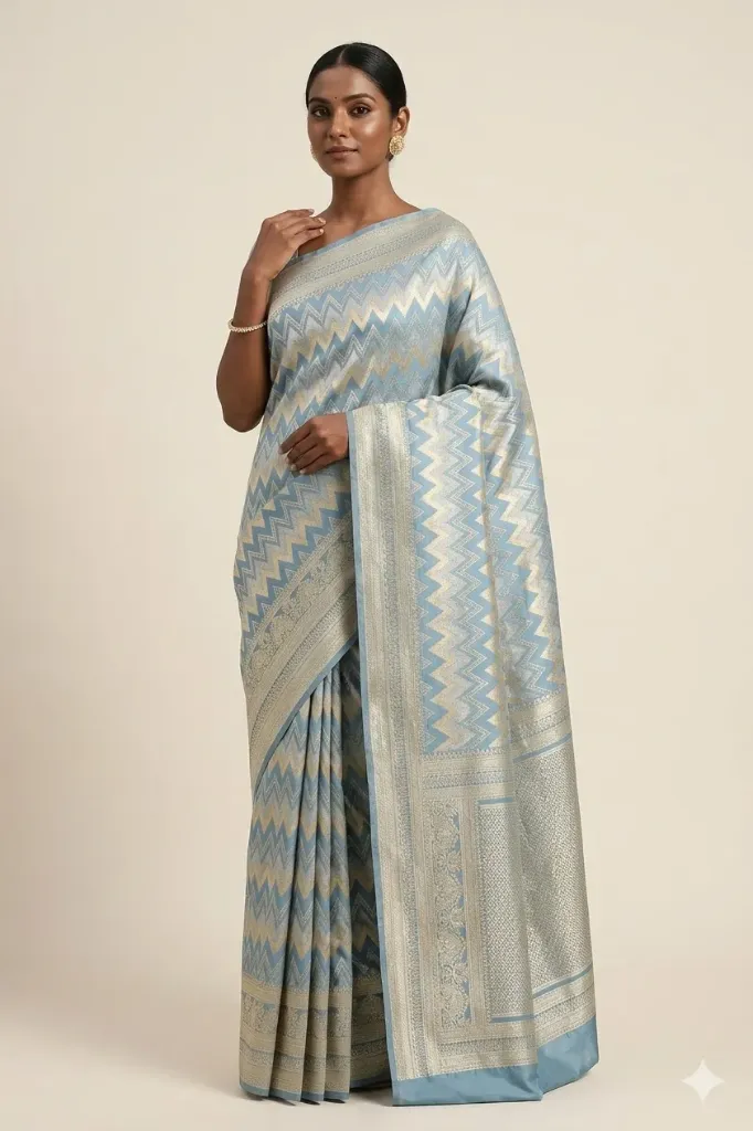 Serene Blue Silk Saree with Elegant Silver Chevron Weave
