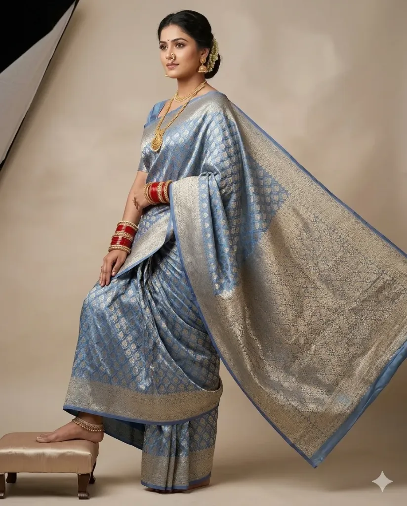 Serene Sky Blue Silk Saree with Exquisite Golden Zari Weaving