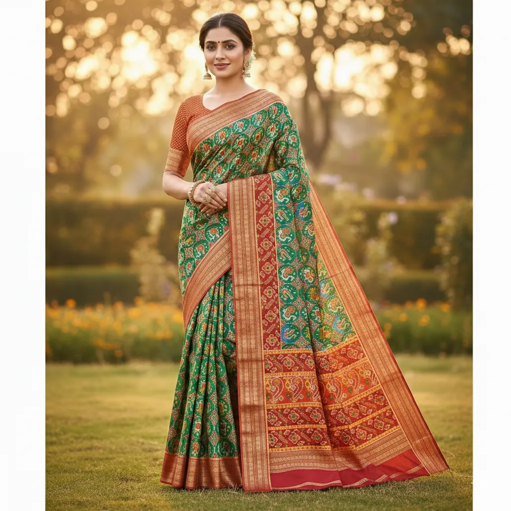 Ethereal Green & Rust Patola Print Saree
