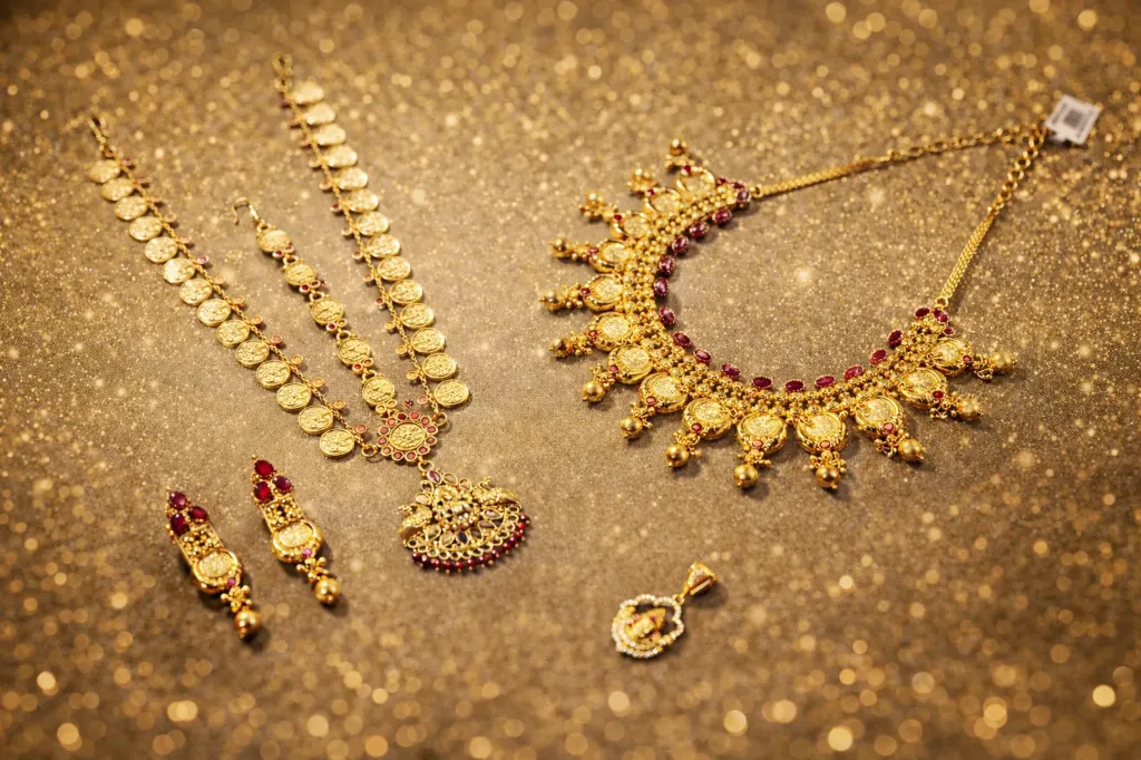 Rajwadi Temple Coin Jewelry Set with Ruby Accents