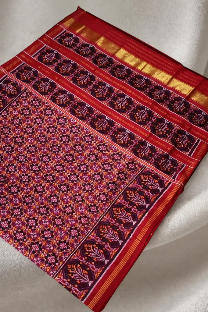 Red Navratan Semi Single Ikat Patola Saree