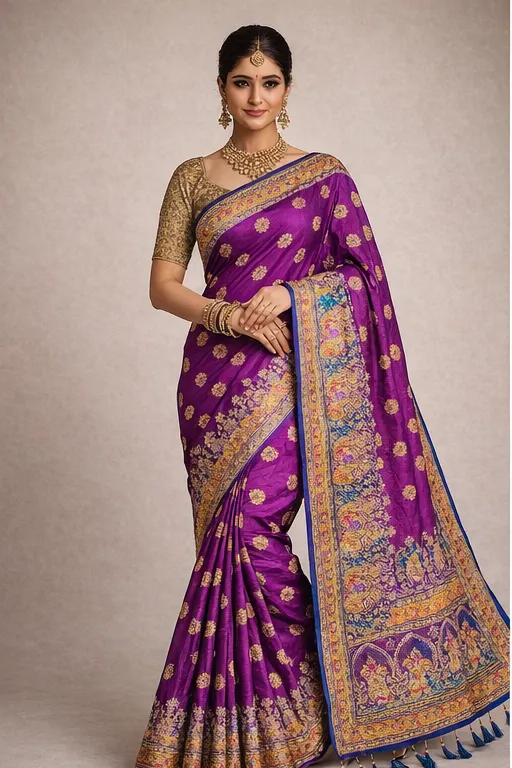 Dark Maroon Plum Silk Saree with Floral Buta & Peacock Pallu