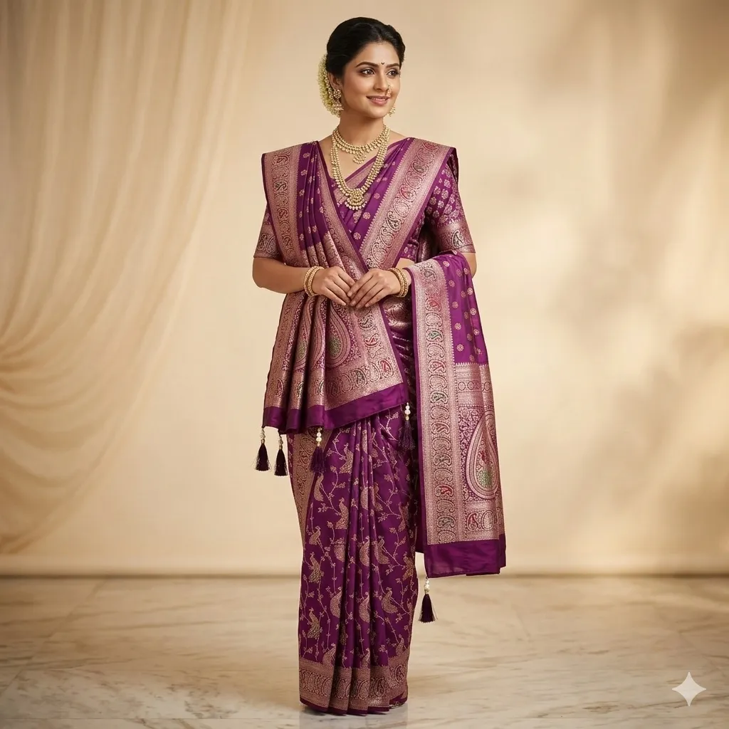 Heritage Silk Saree with Peacock Jaal & Coordinated Dupatta