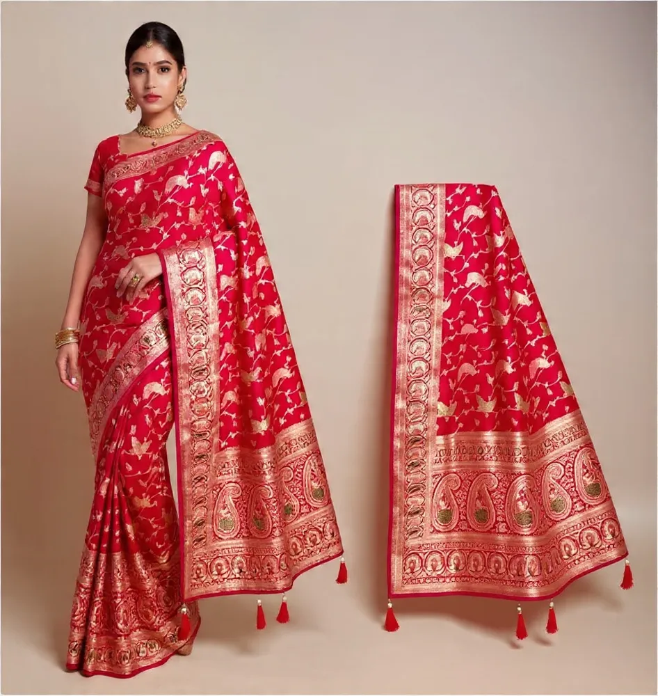 Heritage Silk Saree with Peacock Jaal & Coordinated Dupatta