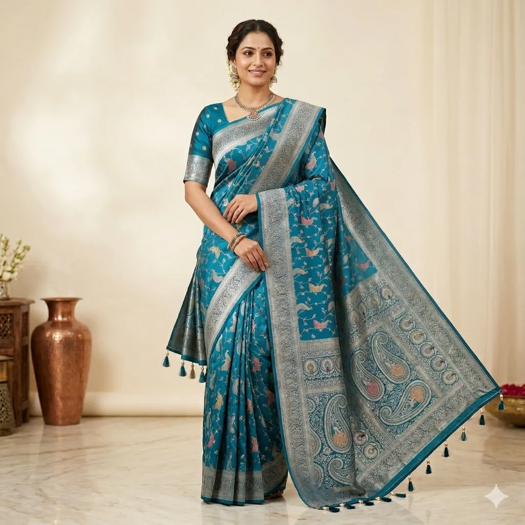 Heritage Silk Saree with Peacock Jaal & Coordinated Dupatta
