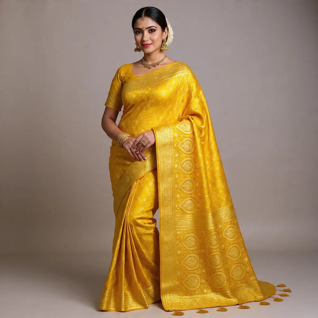 Sun-Gold Banarasi Silk Saree with Lattice Jaal & Paisley Pallu