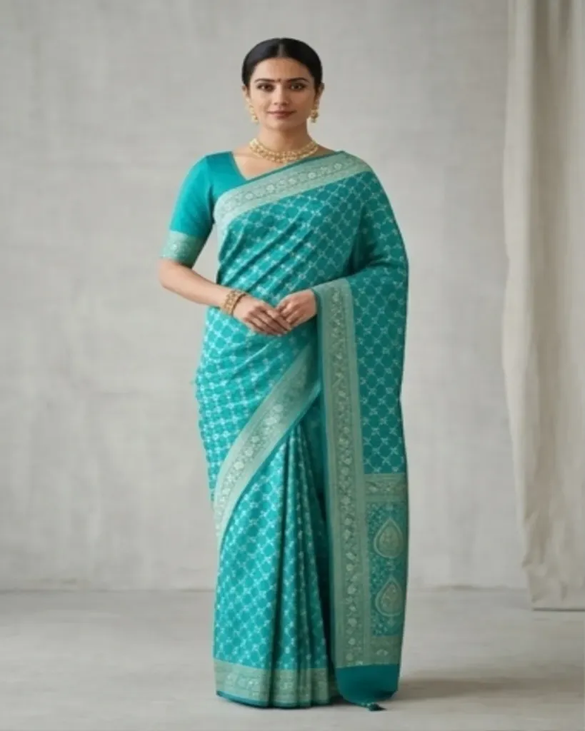 Captivating Teal Blue Banarasi Silk Saree with Elegant Zari Motifs
