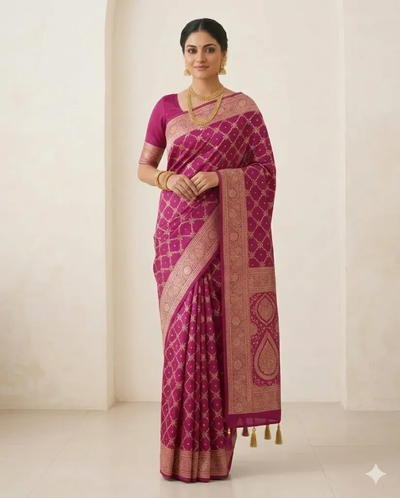 Luxurious Magenta Banarasi Silk Saree with Exquisite Gold Zari Weave