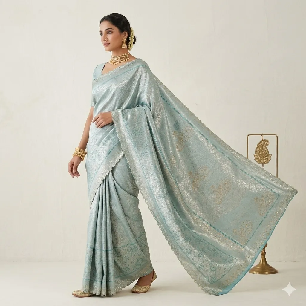 Elegant Aqua Blue Embroidered Textile Saree with Shimmering Zari and Paisley Motifs